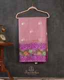 Mauve Pink Banarasi kora with a beautiful contrast purple meenakari floral border