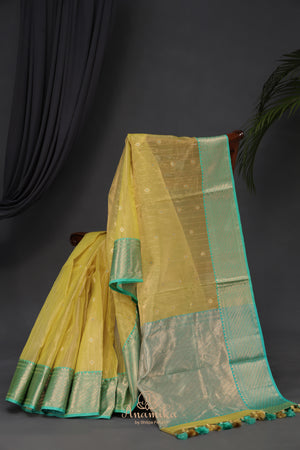 Gorgeous Chanderi saree in lemon yellow and blue combo