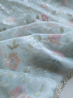 Light pastel blue pure organza saree with all over work