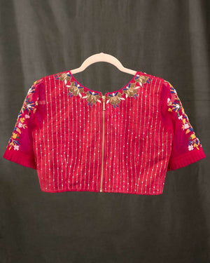 Muslin jamdaani saree in hot pink with floral weave and woven sequins