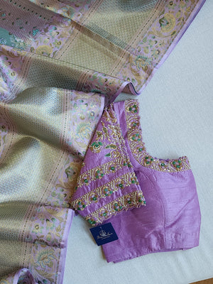Stunning meenakari kanjeevaram in pastel green and lavender hues