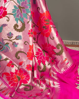 Dark Pink Tusser georgette saree with all over paithani weave