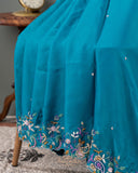 Peacock Blue Satin Organza saree with multi color cutdana work border