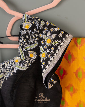 Kanchipuram soft silk saree with Ikkat pattern in yellow/black