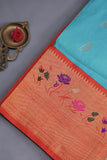 Aqua blue Gadwal saree with meenakari floral border in orange