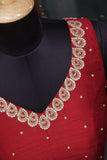 Red sleeveless blouse with handwork