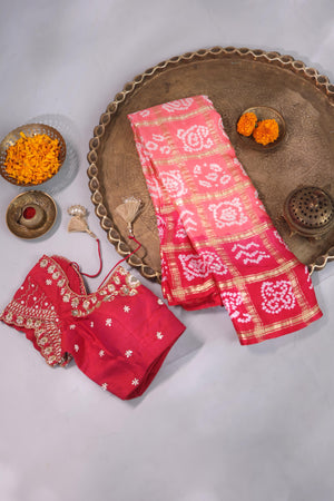 Bandini gharchola on gaji silk in hues of peach and pink