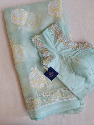 Pastel Blue soft organza saree with a mono tone blouse