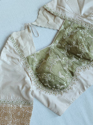 Banarasi tissue saree in a lovely sage green and ivory combo