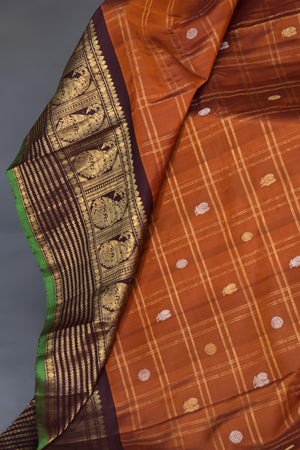 Rich kanjeevaram saree in rust orange and brown border