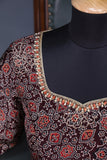Earthy brown ajrak saree with swaroski stone work