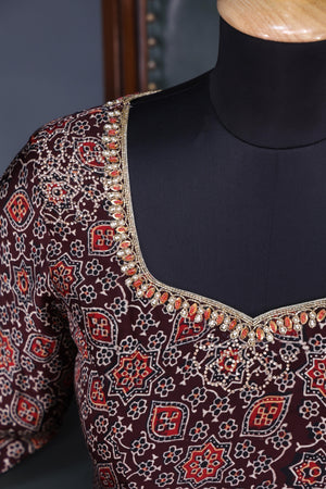 Earthy brown ajrak saree with swaroski stone work