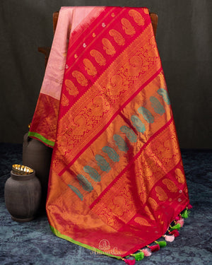 Pink Gadwal tissue saree with a contrast red border