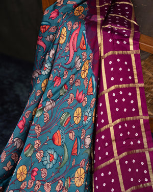Kalamkari and Bandini fusion on modal silk