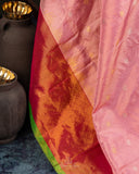Pink Gadwal tissue saree with a contrast red border
