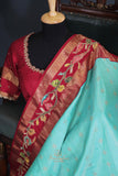 Sky Blue and red kanjeevaram with floral applique border