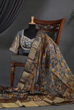 Kalamkari printed organza saree in dark grey
