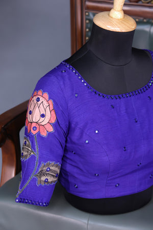 Royal Blue chanderi silk saree with hand painted kalamkari border