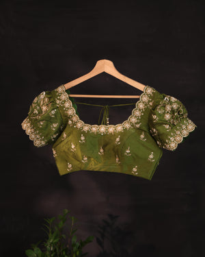 Soft organza saree in green with a beautifully embroidered blouse