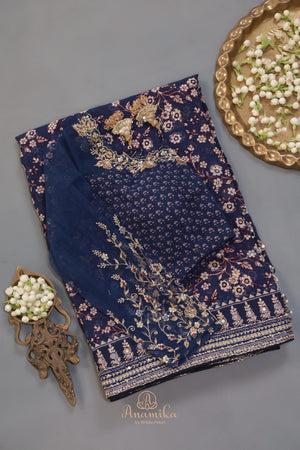 Mid night Blue Georgette saree with full sleeves blouse