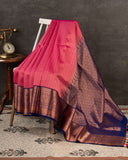 Kanchipattu saree in lovely rose pink shade with a contrast dark blue border