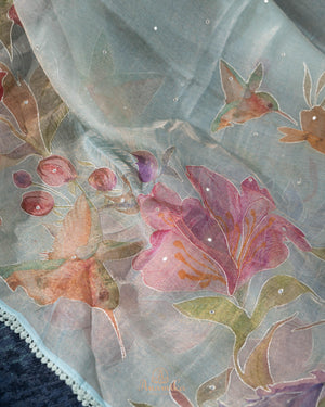 Tissue organza saree with hand painted floral appliq work