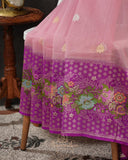 Mauve Pink Banarasi kora with a beautiful contrast purple meenakari floral border