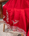 Dark red satin organza saree with silver zardosi work