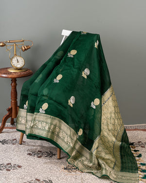 Banarasi Organza Saree in dark green with a floral blouse