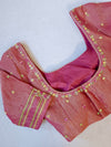 Lime Green Muslin Jamdaani saree with a peach pink crush tissue work blouse