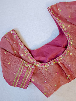 Lime Green Muslin Jamdaani saree with a peach pink crush tissue work blouse