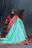 Sky Blue and red kanjeevaram with floral applique border