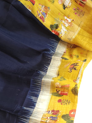 Light weight dupion saree in blue with contrast yellow kalamkari border