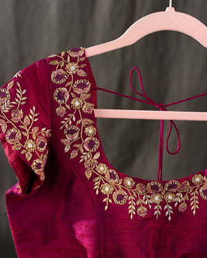 Magenta pink short sleeves blouse with beautiful embroidery