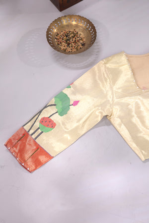 Pure paithani tissue blouse in cream with red muniya border