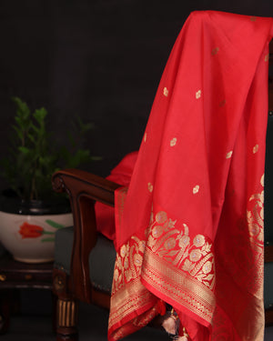 Raw Mango saree in red paired with a pink blouse