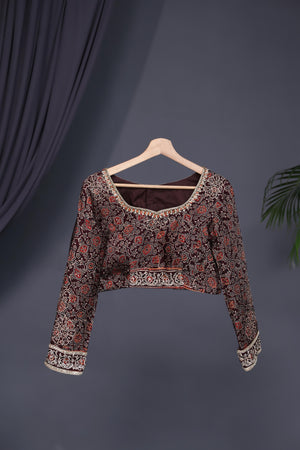 Earthy brown ajrak saree with swaroski stone work