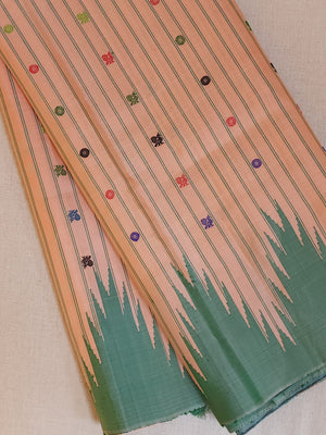 Gadwal saree in peach with beautiful contrast green temple borders