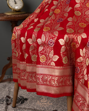 Red Banarasi saree with a heavy bridal zardosi work blouse