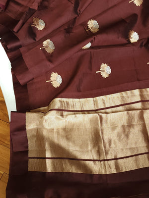 Pure raw mango silk saree in chocolate brown with mauve pink blouse