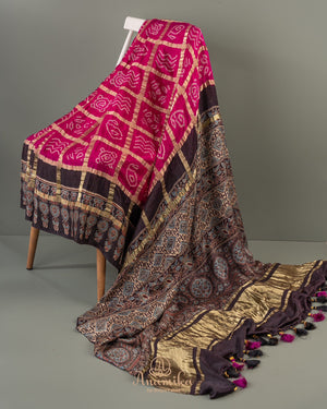 Pink Bandini gharchola saree with ajrak border and blouse