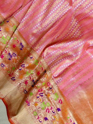 Peach Pink Banarasi saree with beautiful floral meena border