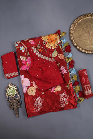 Soft silk floral saree in crimson red