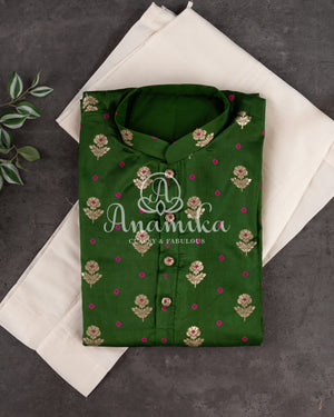 Dark Green Bandini Silk Kurta with zari woven buttis