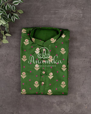 Dark Green Bandini Silk Kurta with zari woven buttis