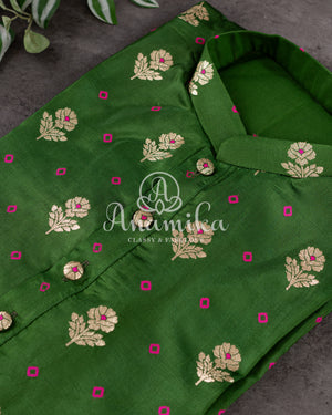 Dark Green Bandini Silk Kurta with zari woven buttis