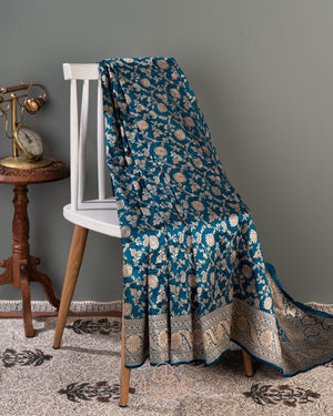 Dark Blue Banarasi Silk Saree with contrast maroon red blouse