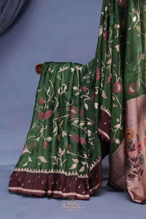 A beautiful floral Tusser Georgette - Bottle Green