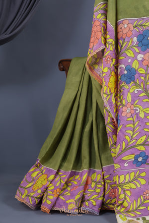 Parrot Green falling silk with hand painted kalamkari border