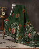 Dark forest green Handloom Lenin saree with digital floral prints